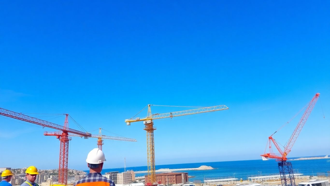 Chantier de construction à Marseille avec vue sur la mer.