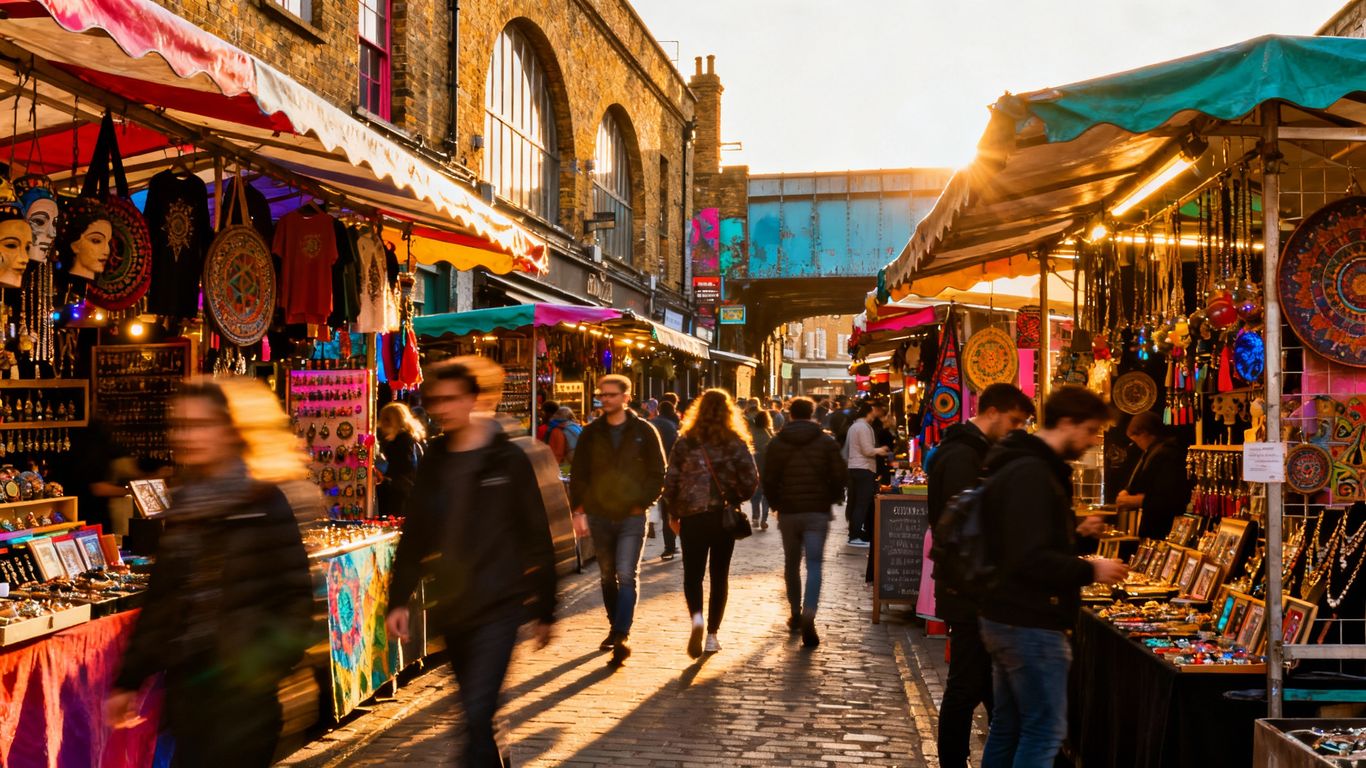 Camden Market London street scene with stalls and crowds.