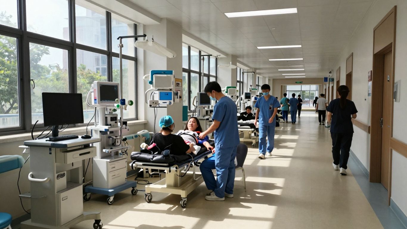 Interior spital modern cu personal medical și pacienți.