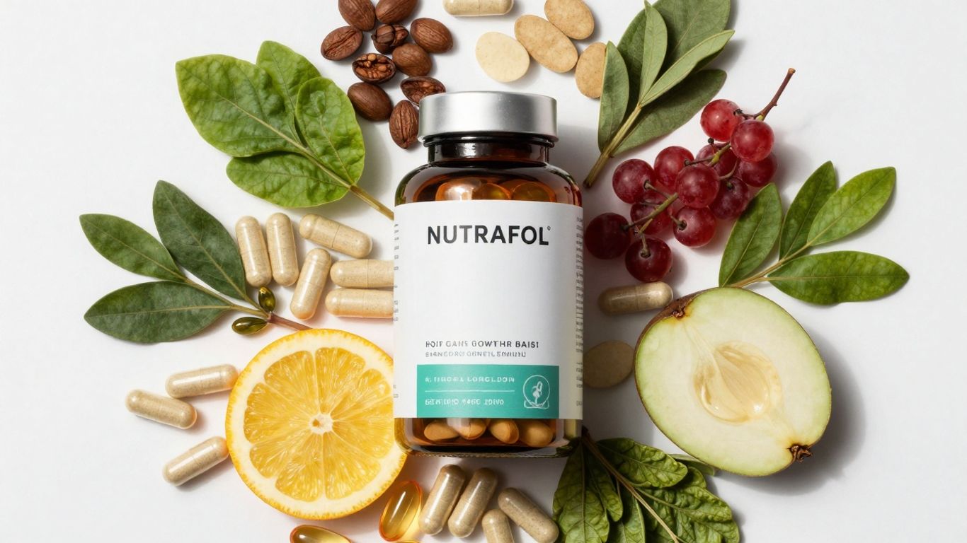 Nutrafol ingredients: vitamins, capsules, and botanical extracts.