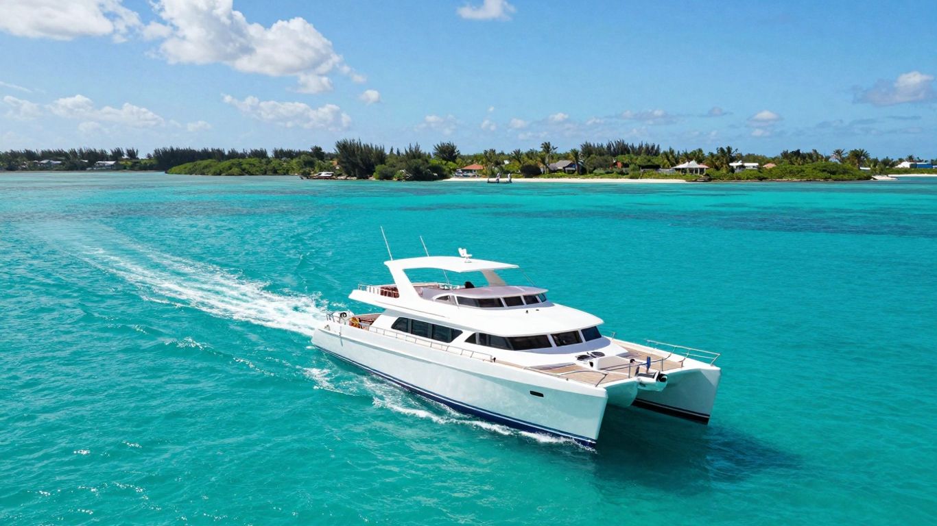 Catamaran sailing in clear Bahamian waters.