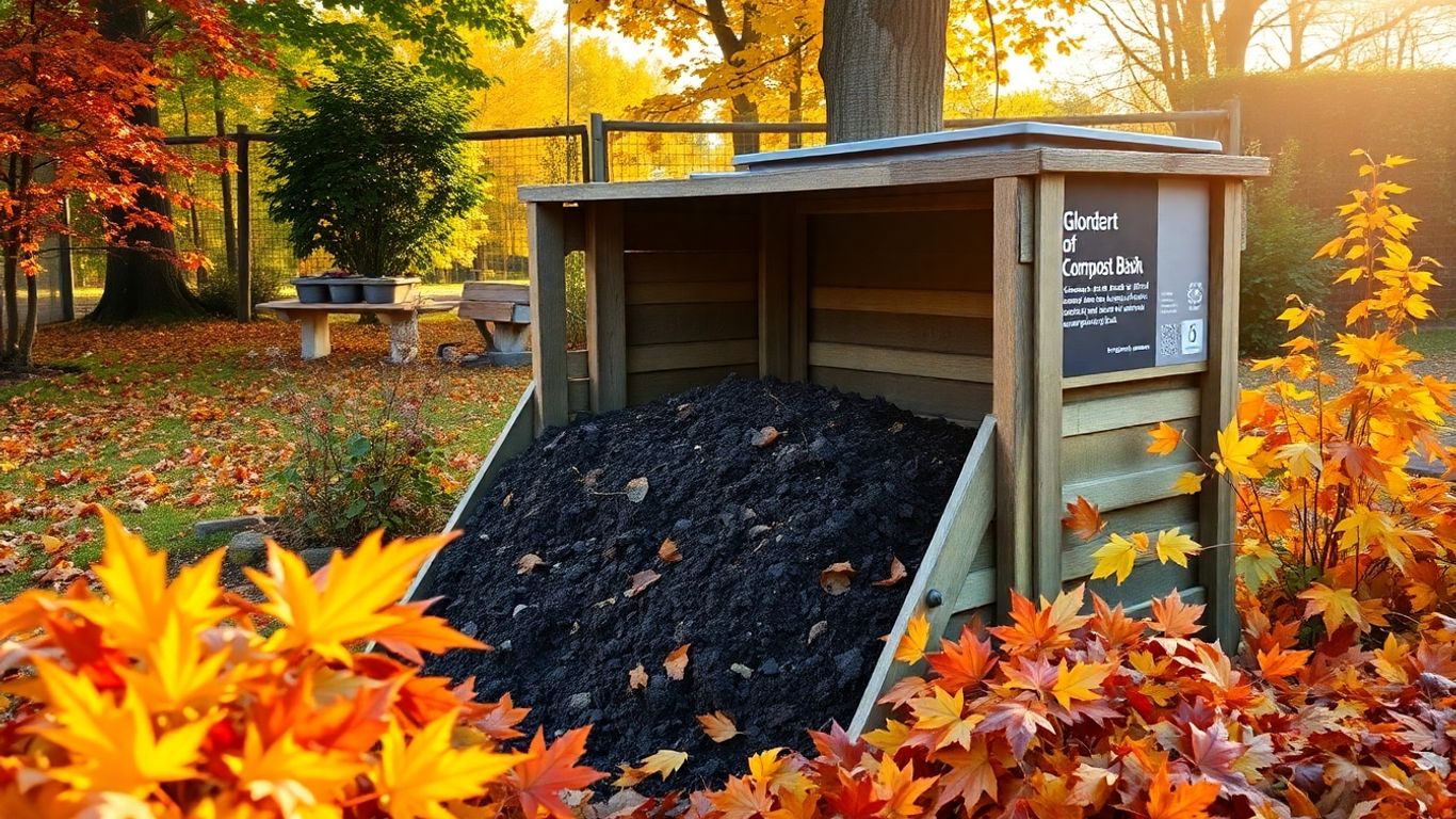 Komposthaufen im Herbst mit bunten Blättern