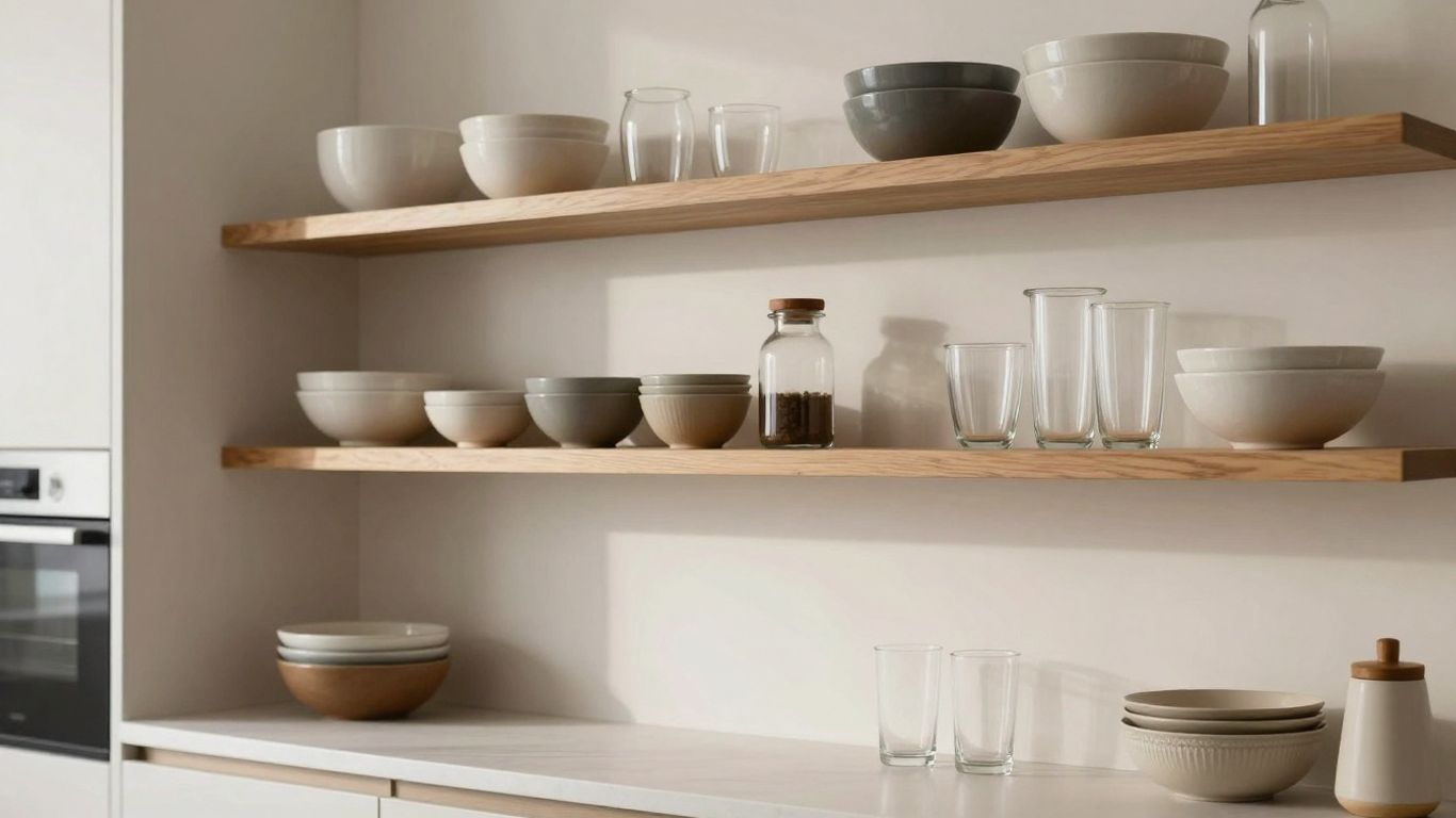 Kitchen with open shelving and displayed cookware.