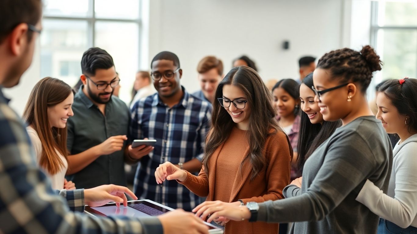 People learning and interacting in a modern educational setting.