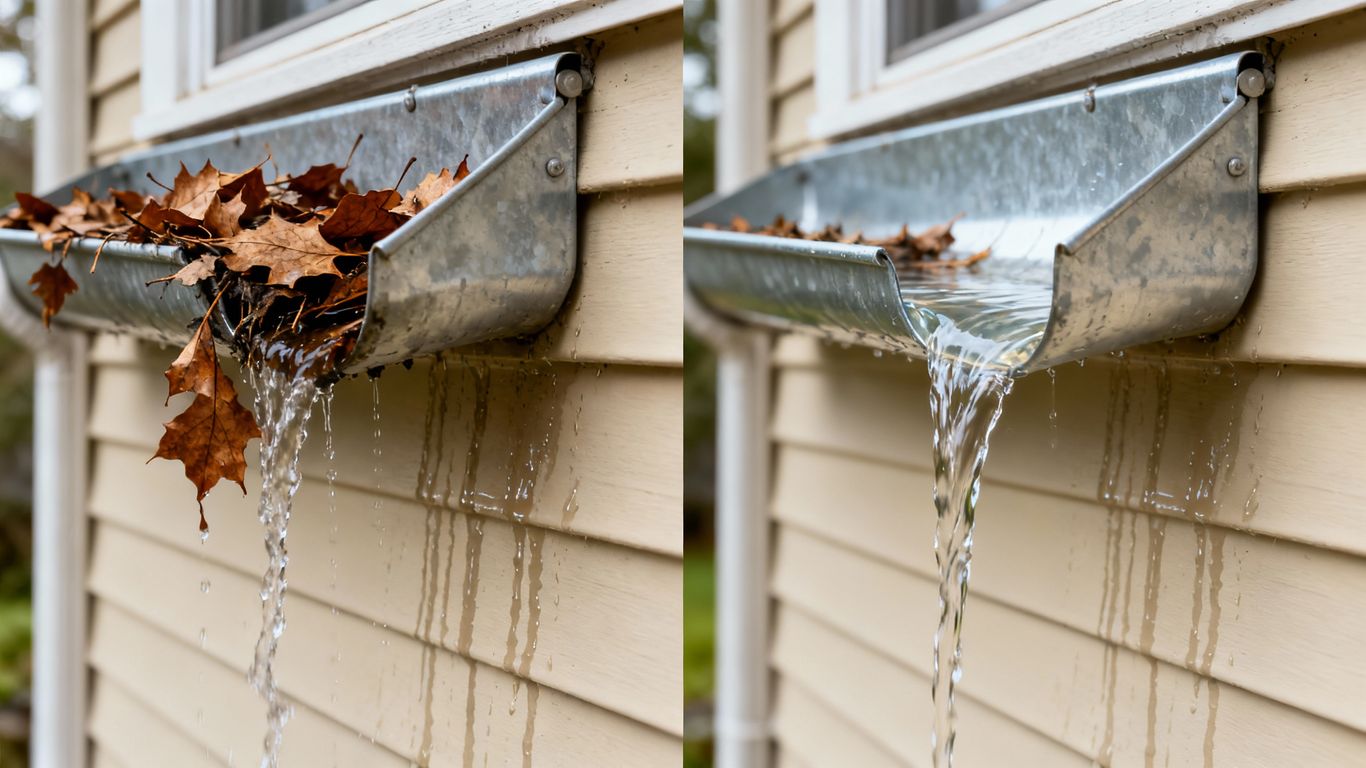 Clogged and clean gutters on a house exterior.