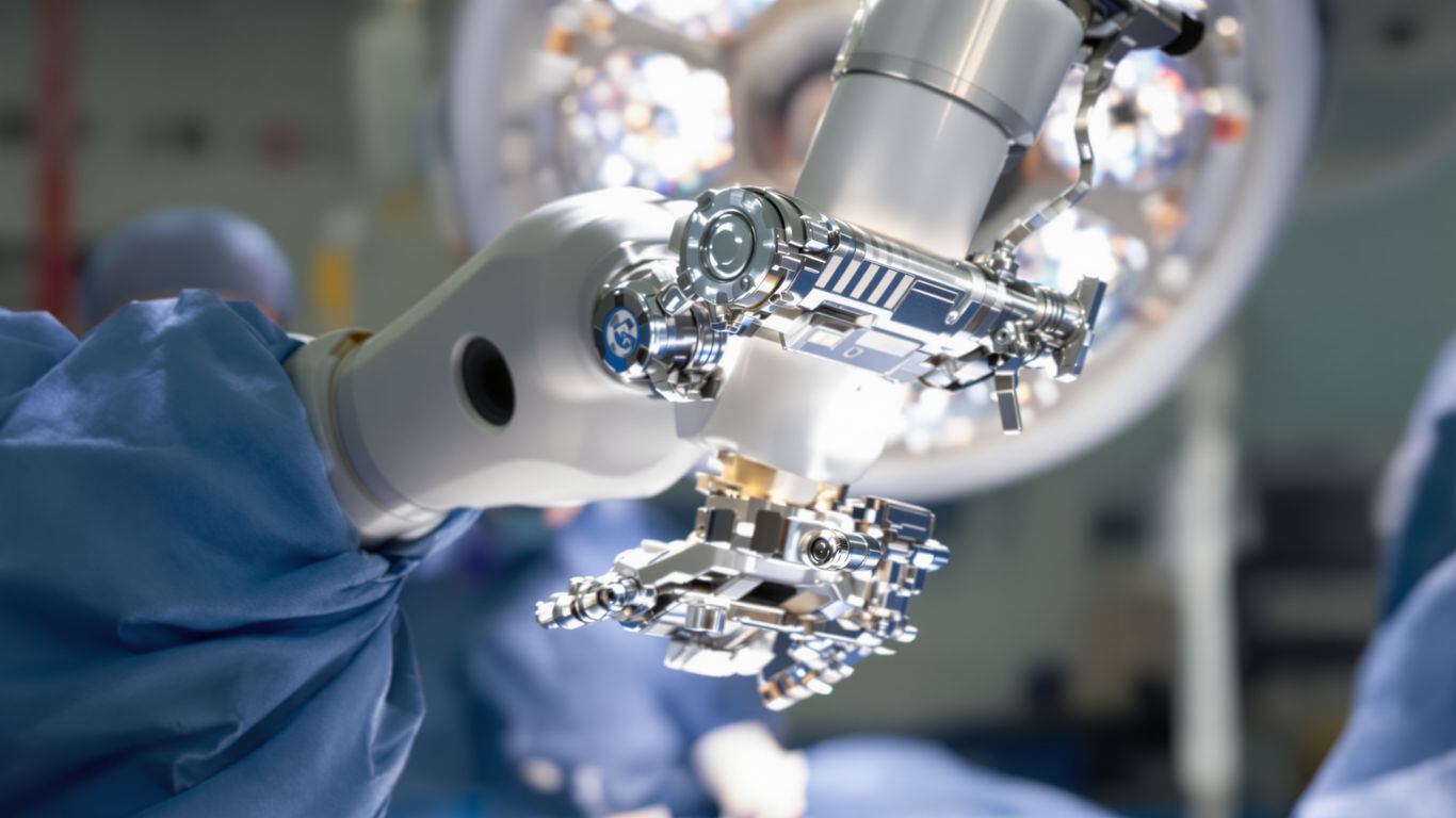 Manos de cirujano operando con brazo robótico.