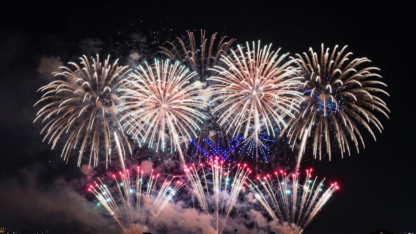 Drone lights and fireworks illuminate the night sky.
