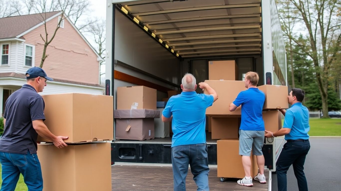 Movers loading boxes and furniture onto a truck.