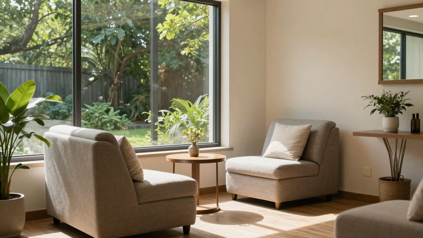 Serene detox centre room with greenery view.
