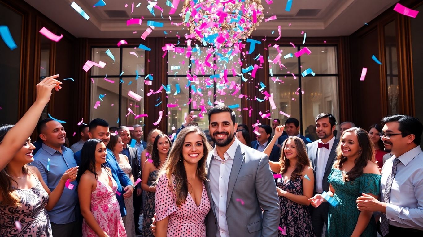 Dallas gender reveal party with confetti and happy guests.