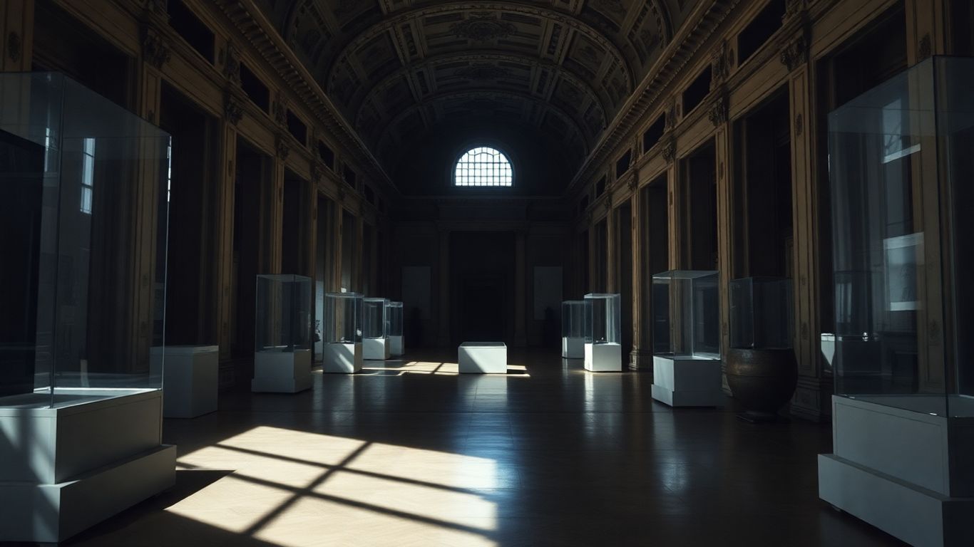 Intérieur du Louvre, vitrines vides après un cambriolage.