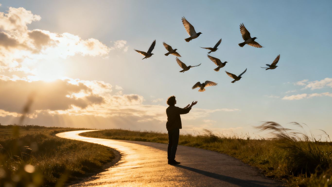Person releasing birds into a bright, open sky.