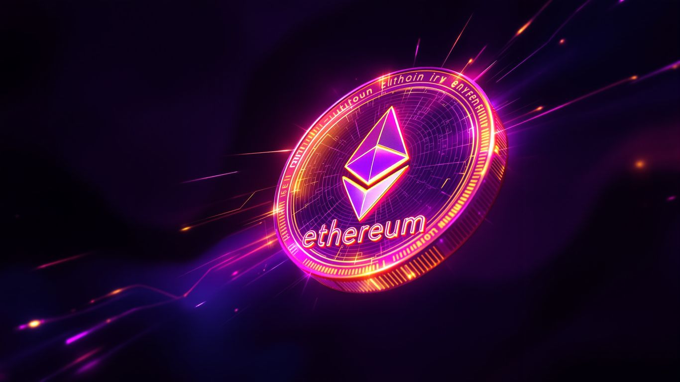 Ethereum cryptocurrency coin with purple and gold glow.