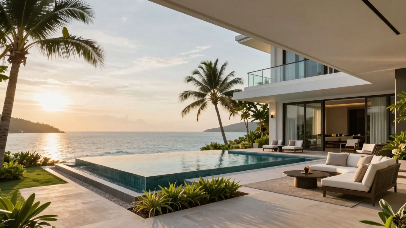 Opulent Phuket villa with infinity pool at sunset.