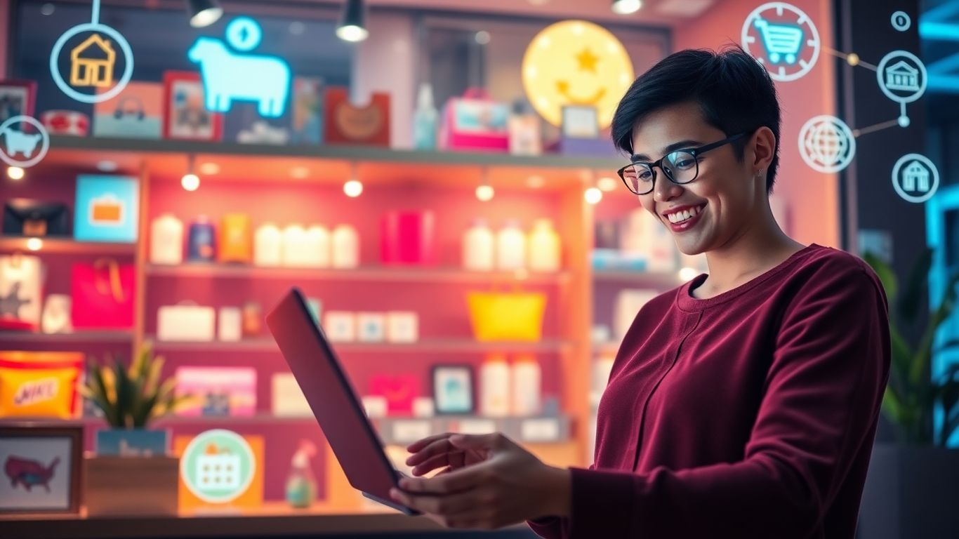 Person using laptop for online business with shopping icons.