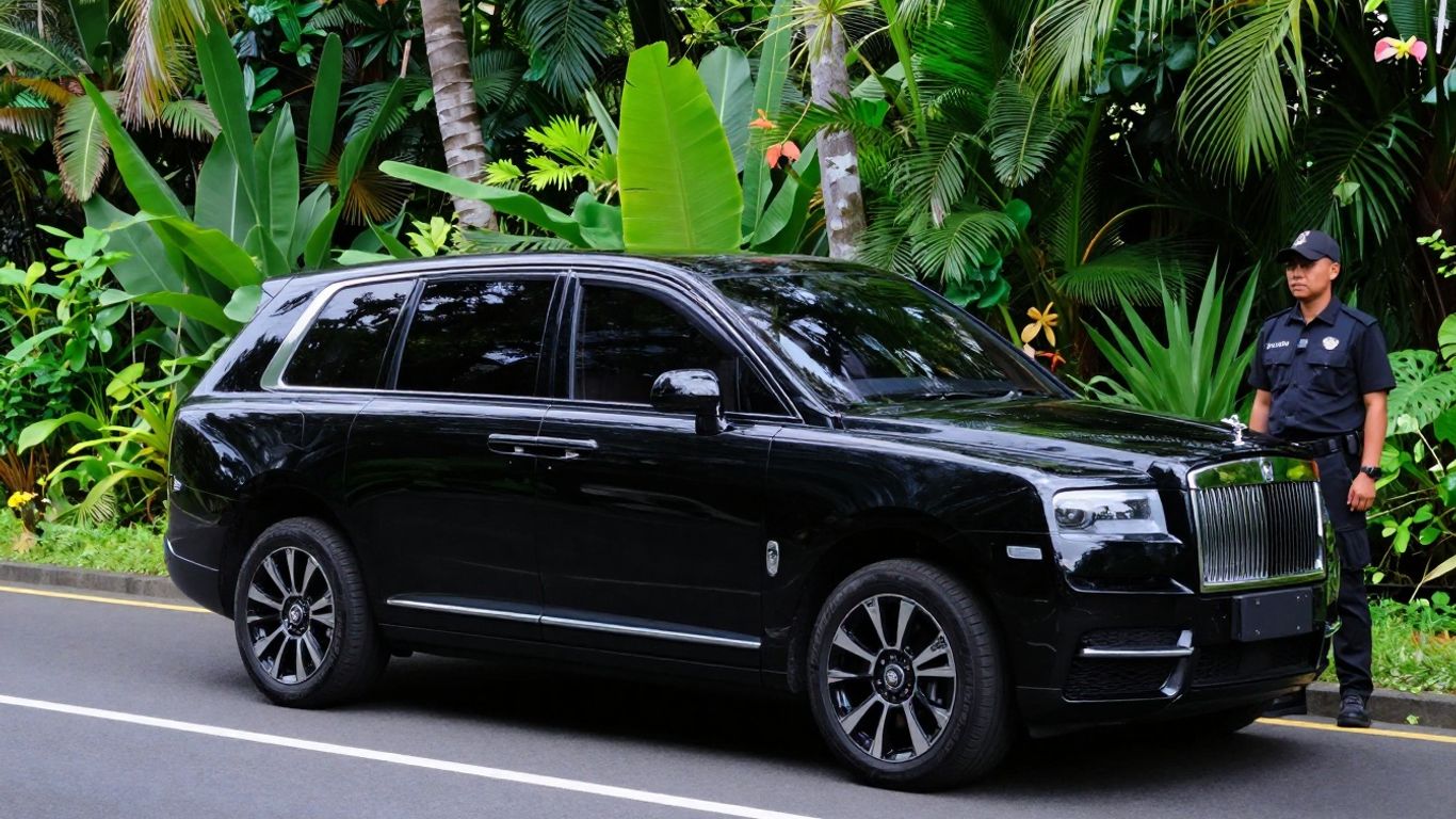 VIP security SUV on a tropical Bali road.