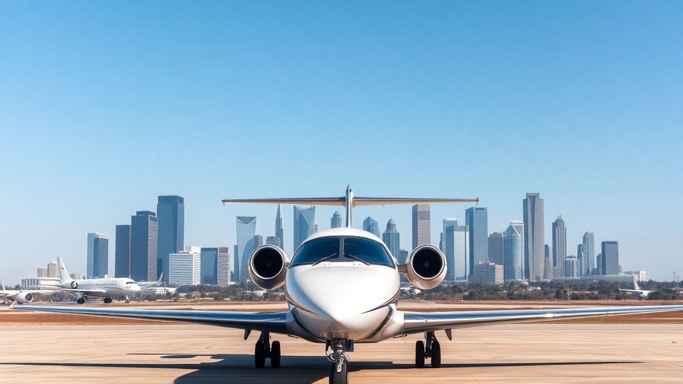 Luxury private jet with Dallas skyline