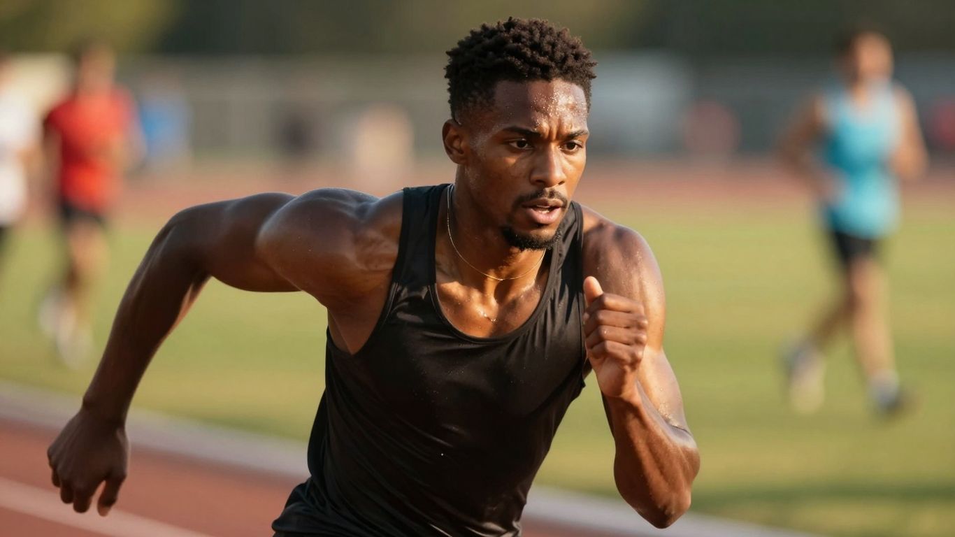Atleta focado correndo em direção ao sucesso.
