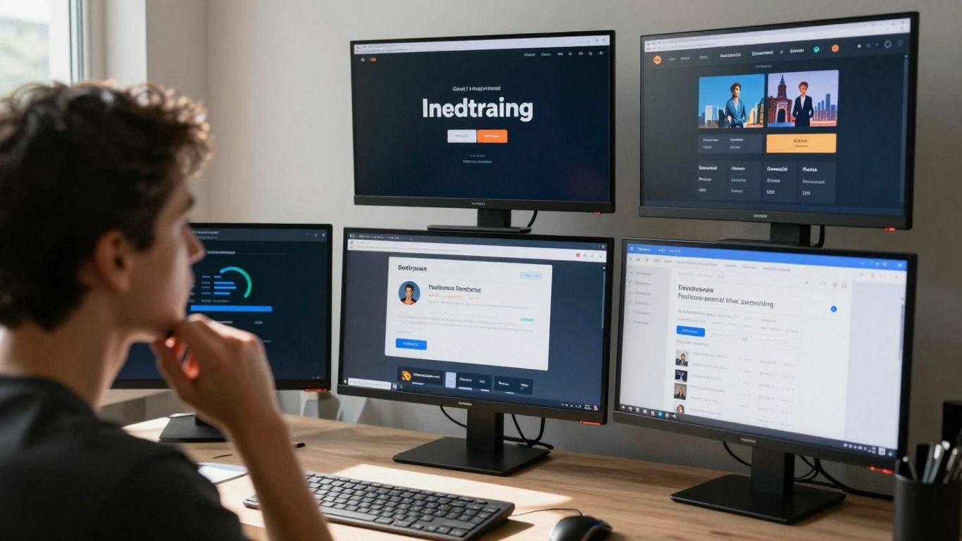 Person choosing a stock trading platform on multiple screens.