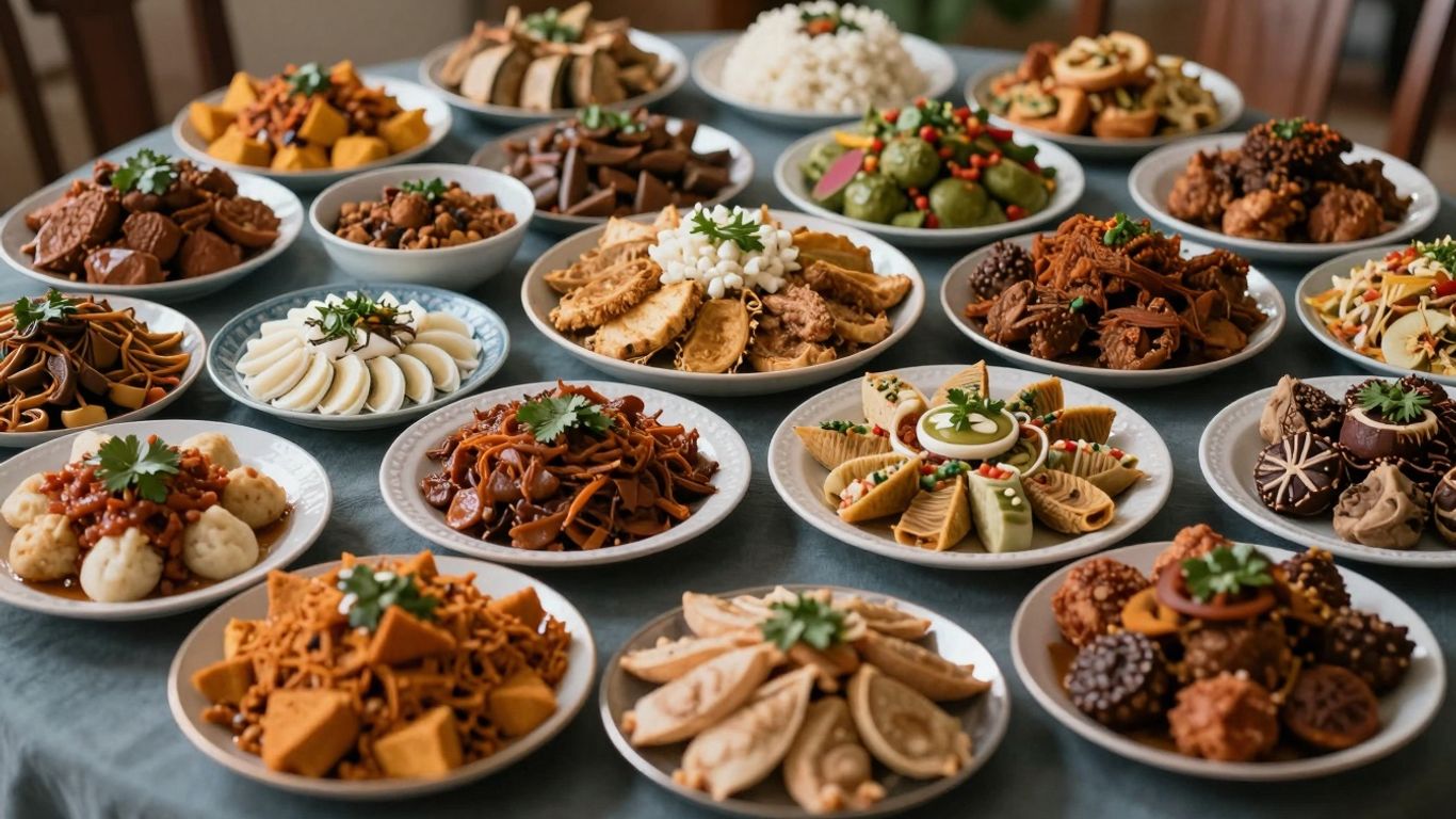 Mese festive cu mâncăruri tradiționale din diverse culturi.