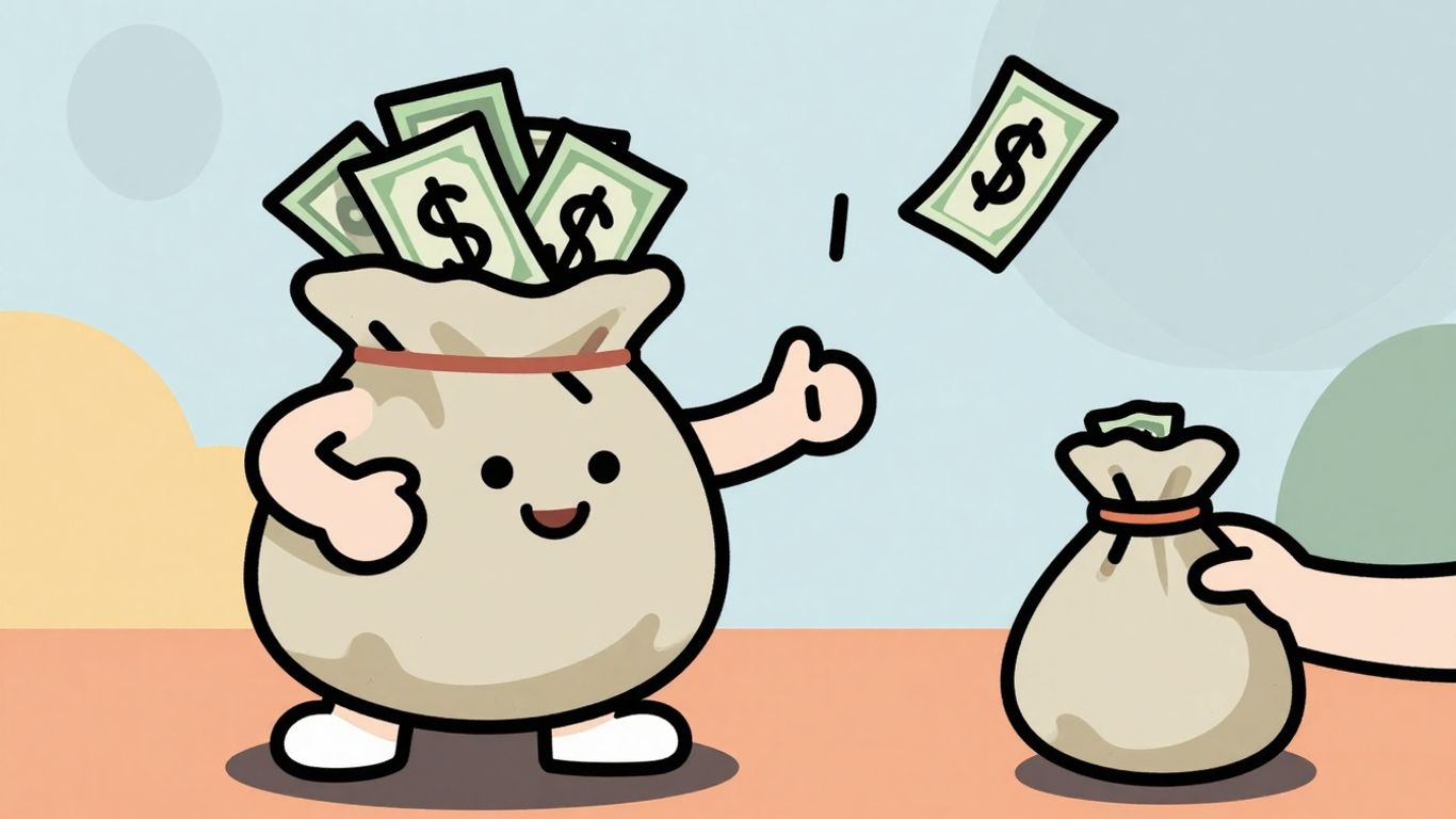 Cartoon characters exchanging money bags.