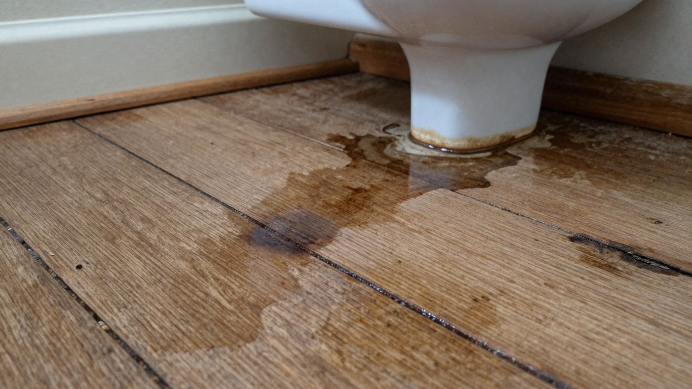 Water damage spreading on a wooden floor near a fixture.