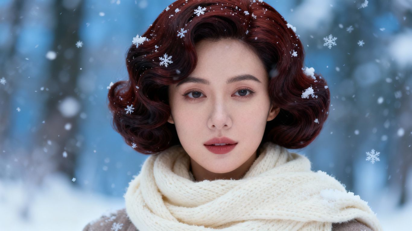 Woman with dark auburn wig in winter setting