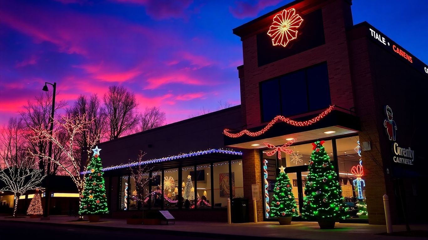 Business decorated with commercial Christmas lights at dusk