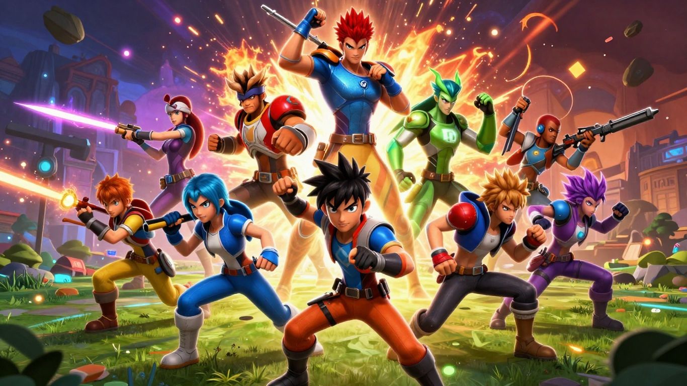 Diverse game characters in action, competitive multiplayer gaming.