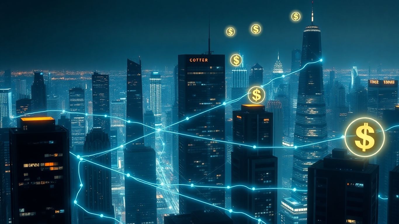Futuristic cityscape with blockchain network visuals.
