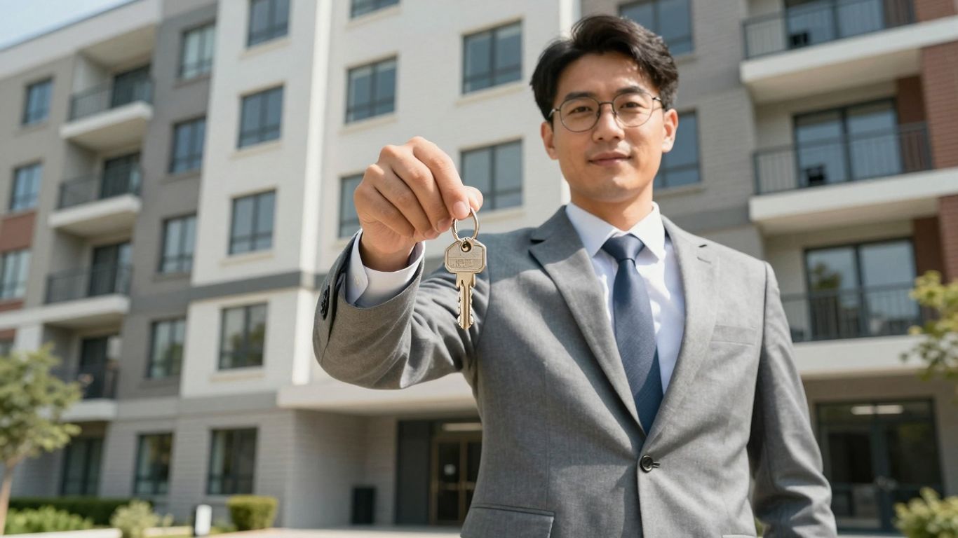 Propietario con llaves frente a edificio de apartamentos.