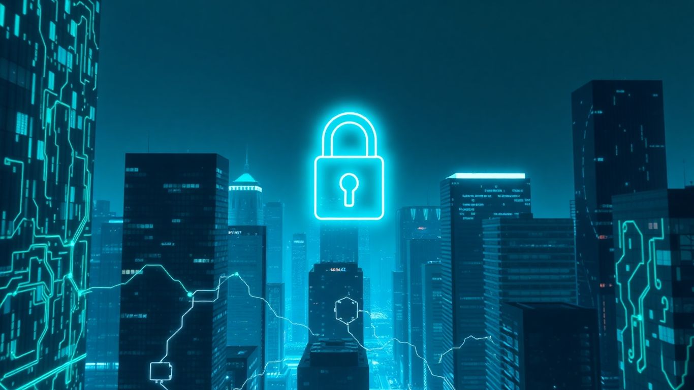 Futuristic cityscape with digital circuits and a padlock icon.