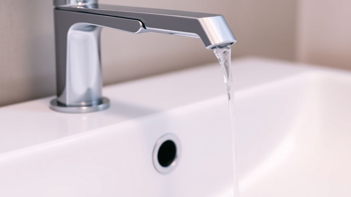 Modern bathroom wash basin with a chrome tap.