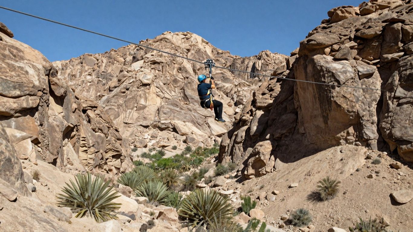 Person zip lining over a desert canyon in Cabo.