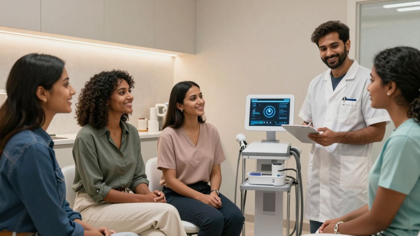 Medspa clients and staff interacting with AI technology.