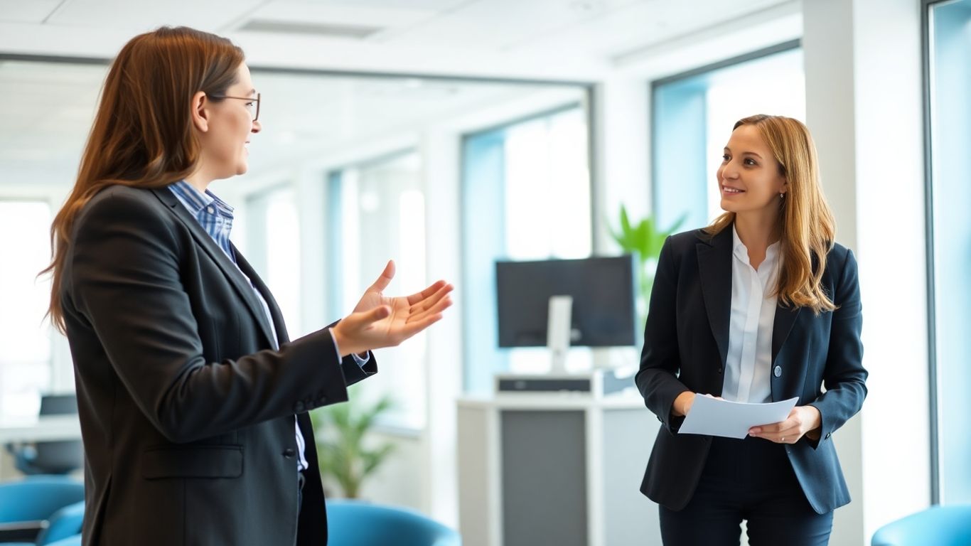 Zwei Fachleute im Gespräch in einem modernen Büro.