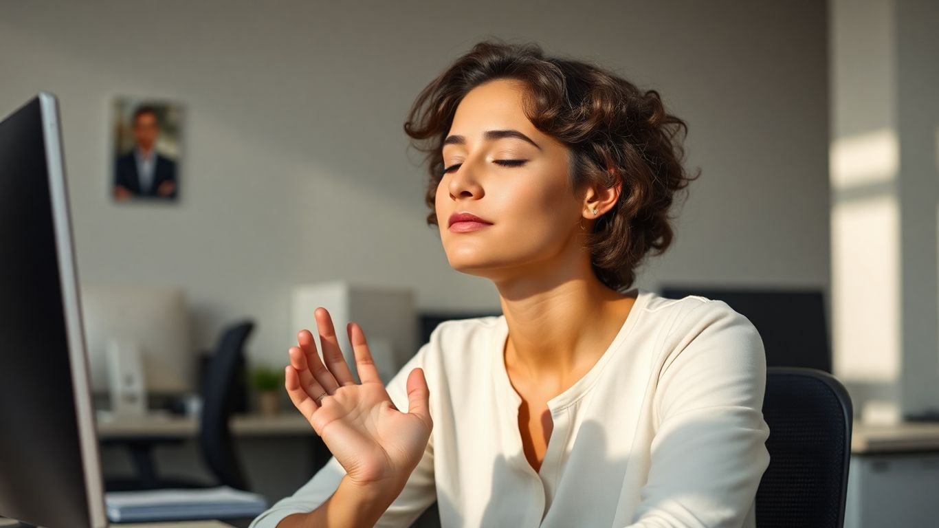 Person practicing stress relief exercises at work.