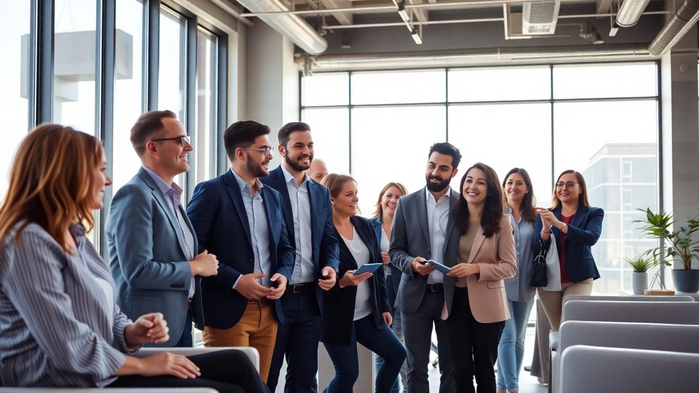 Professionals collaborating in a bright, modern office.