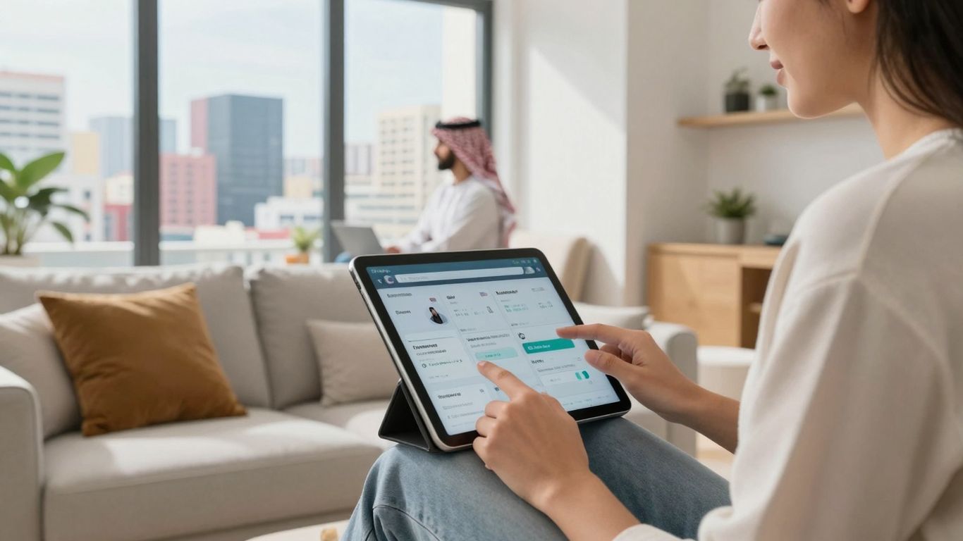 Modern supported housing interior with technology and city view.