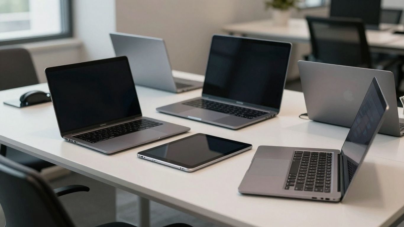 Laptops and tablets on a desk.