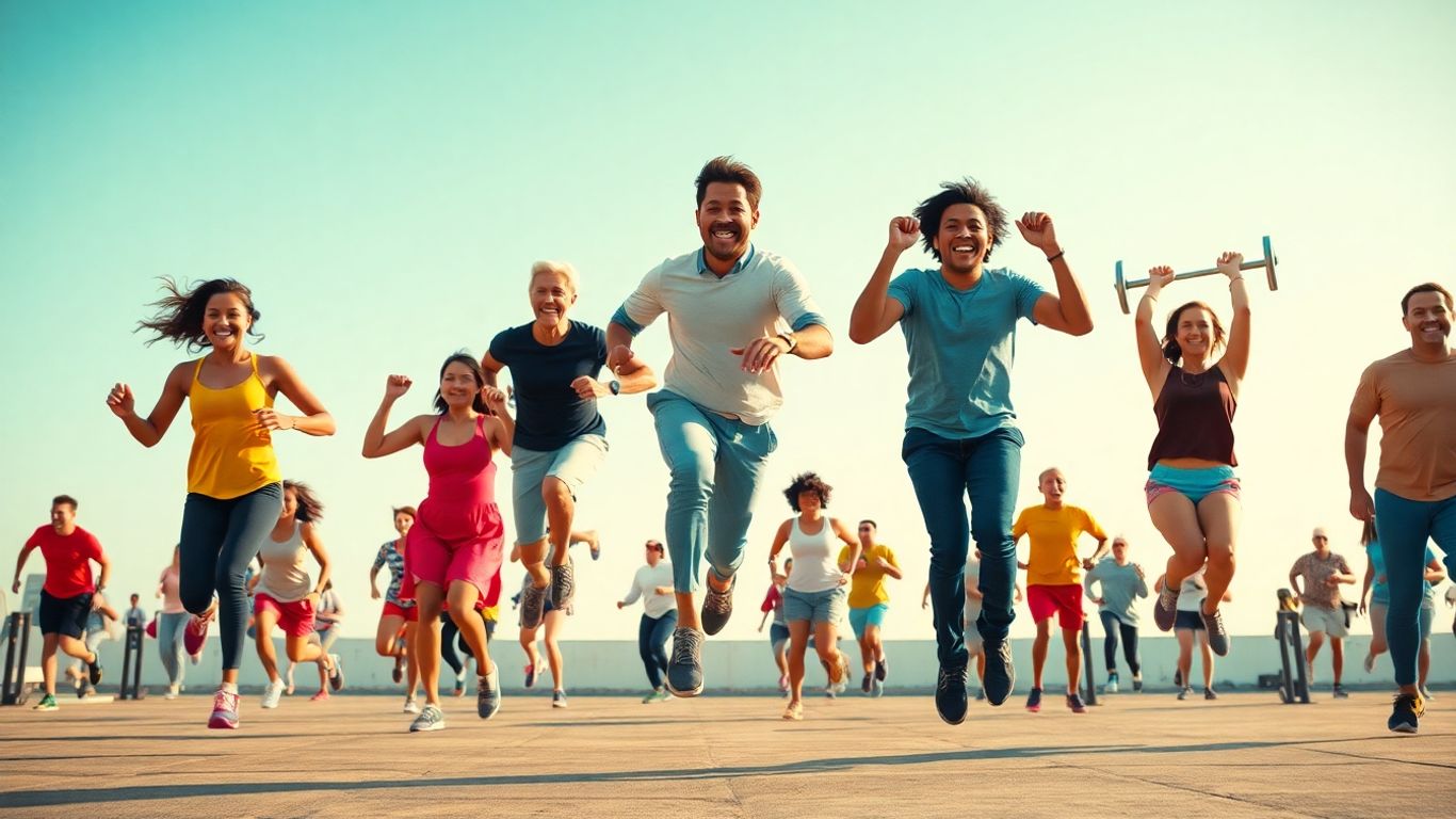 People performing different weight-bearing exercises with visible strength and energy.