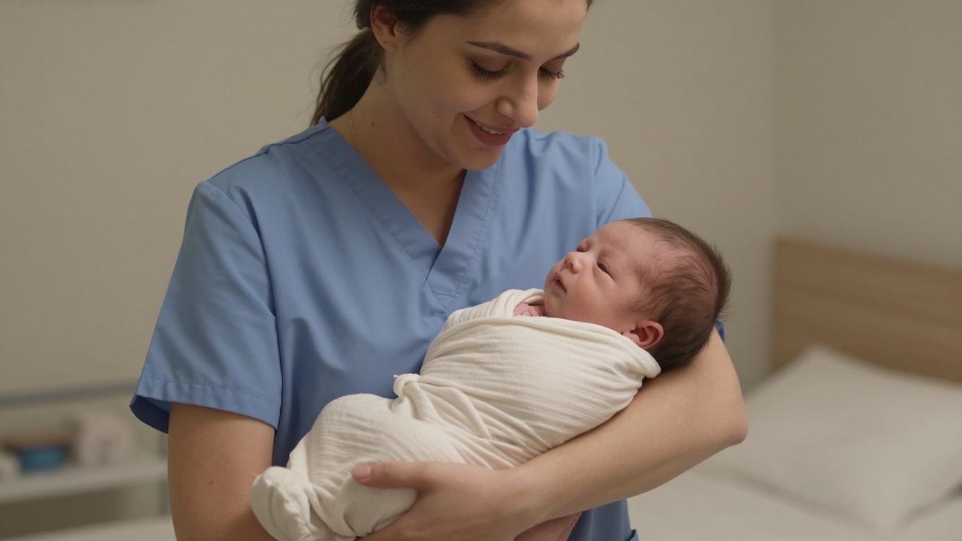 Neonatal nurse holding a newborn baby.
