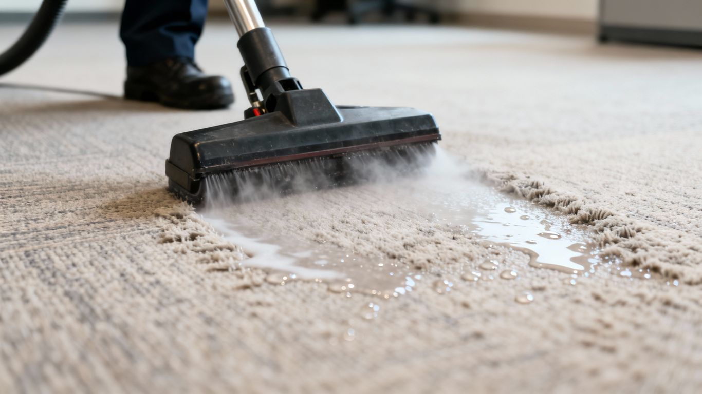 Profesionálne čistenie koberca v kancelárii mokrou metódou.
