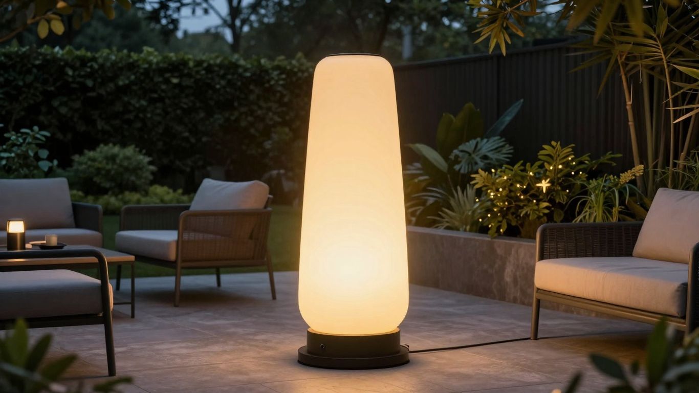 Große Fatboy Lampe beleuchtet stilvollen Außenbereich bei Nacht.