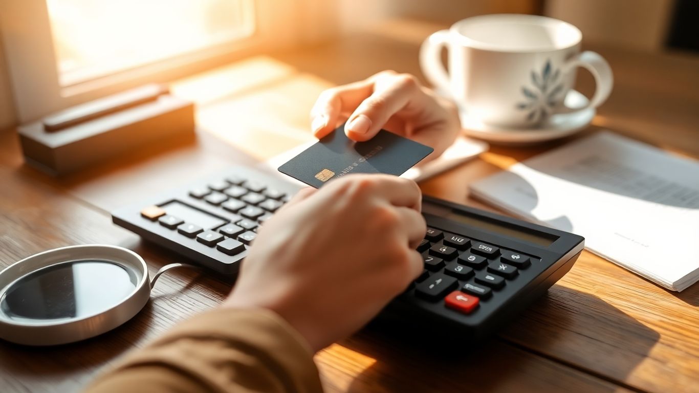 Person holding credit card and calculator on desk