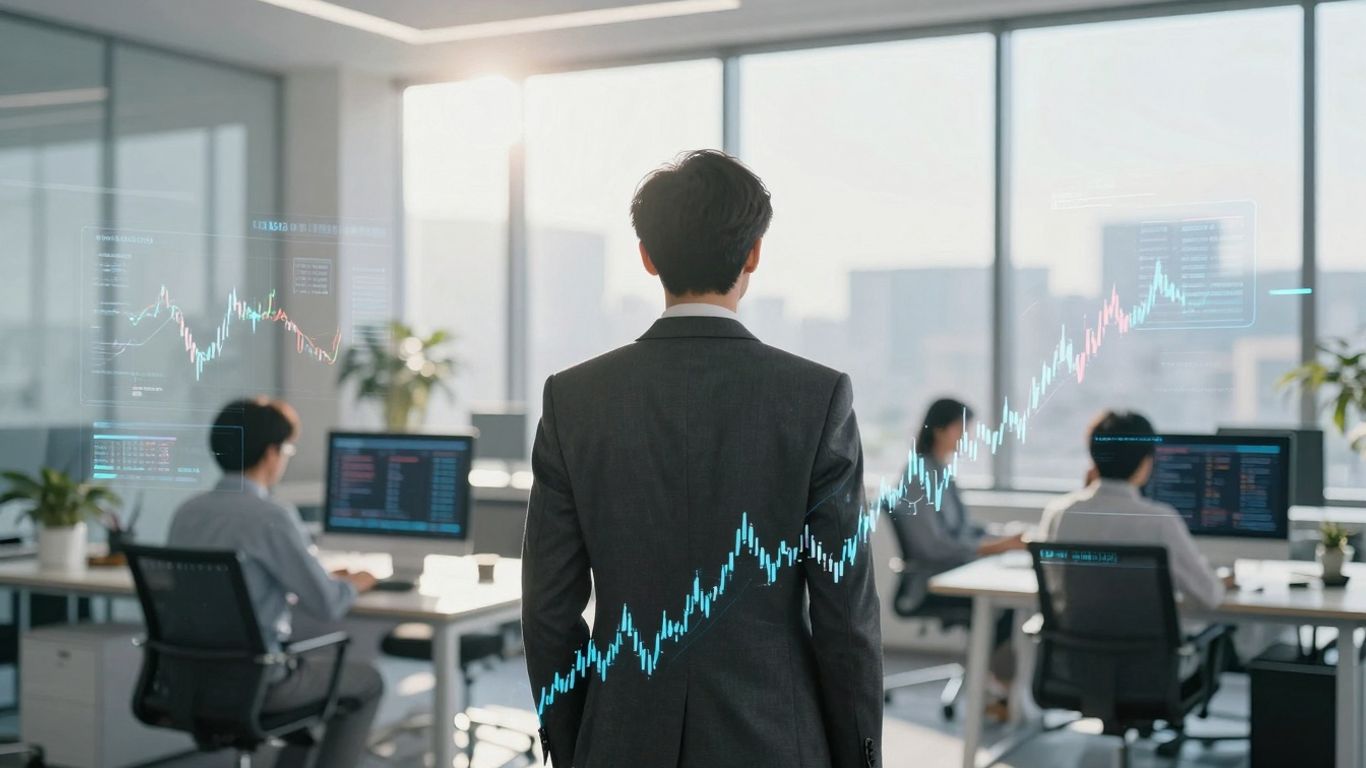 Investment banker in office with financial data.