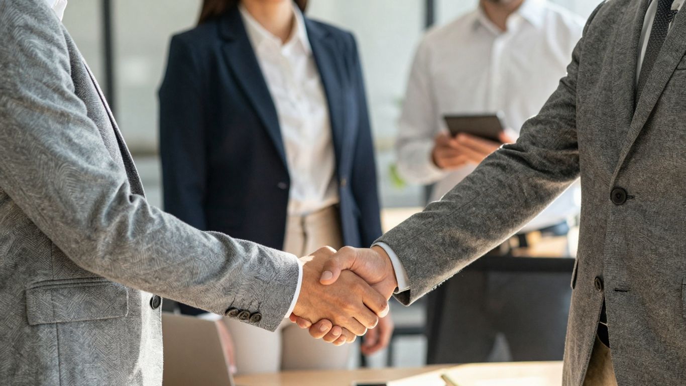 Handshake symbolizing agency partnership and selection.