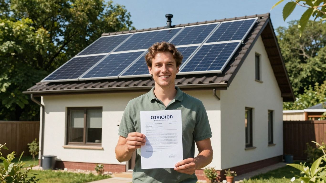 House With Solar Panels And Happy Homeowner