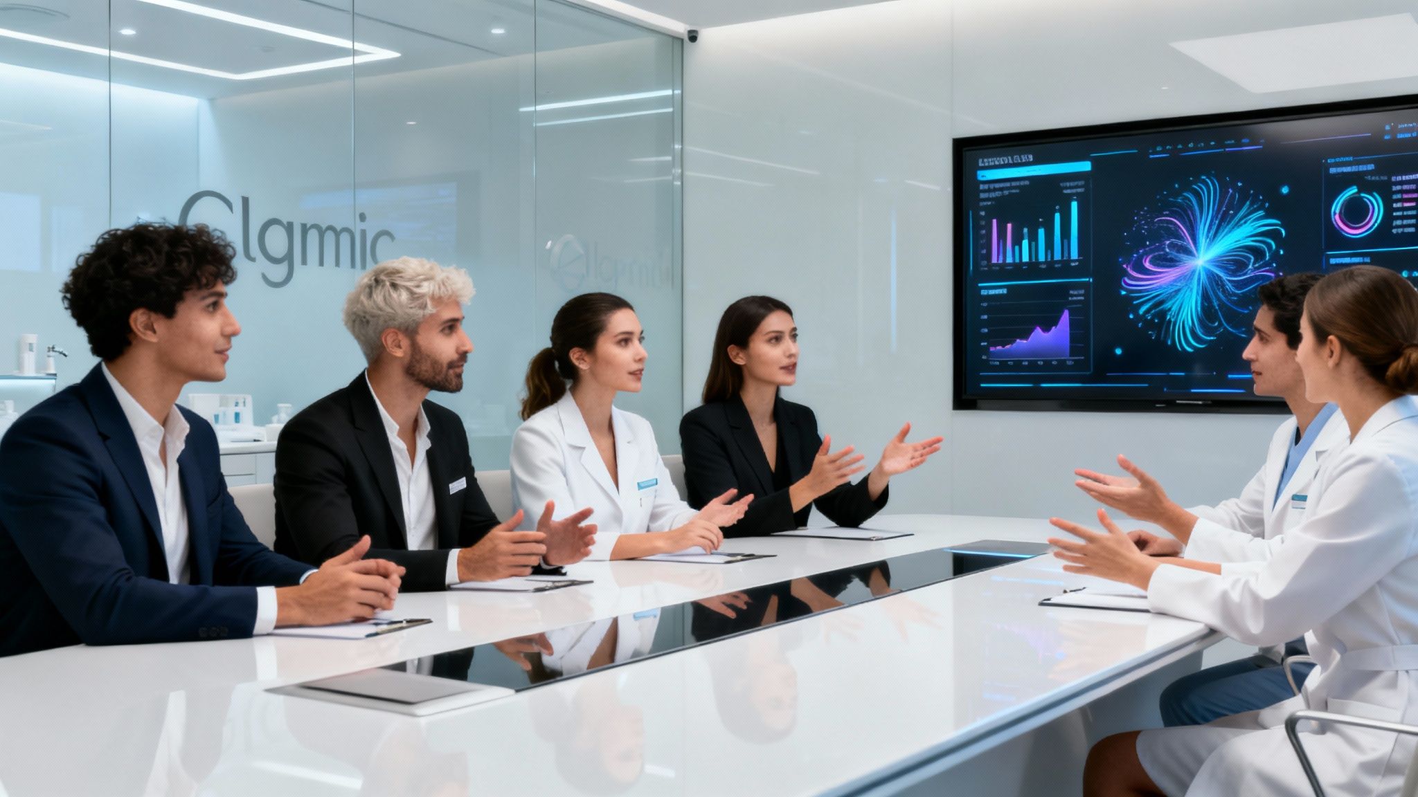 Beauty clinic team collaborating on AI-driven marketing strategies.