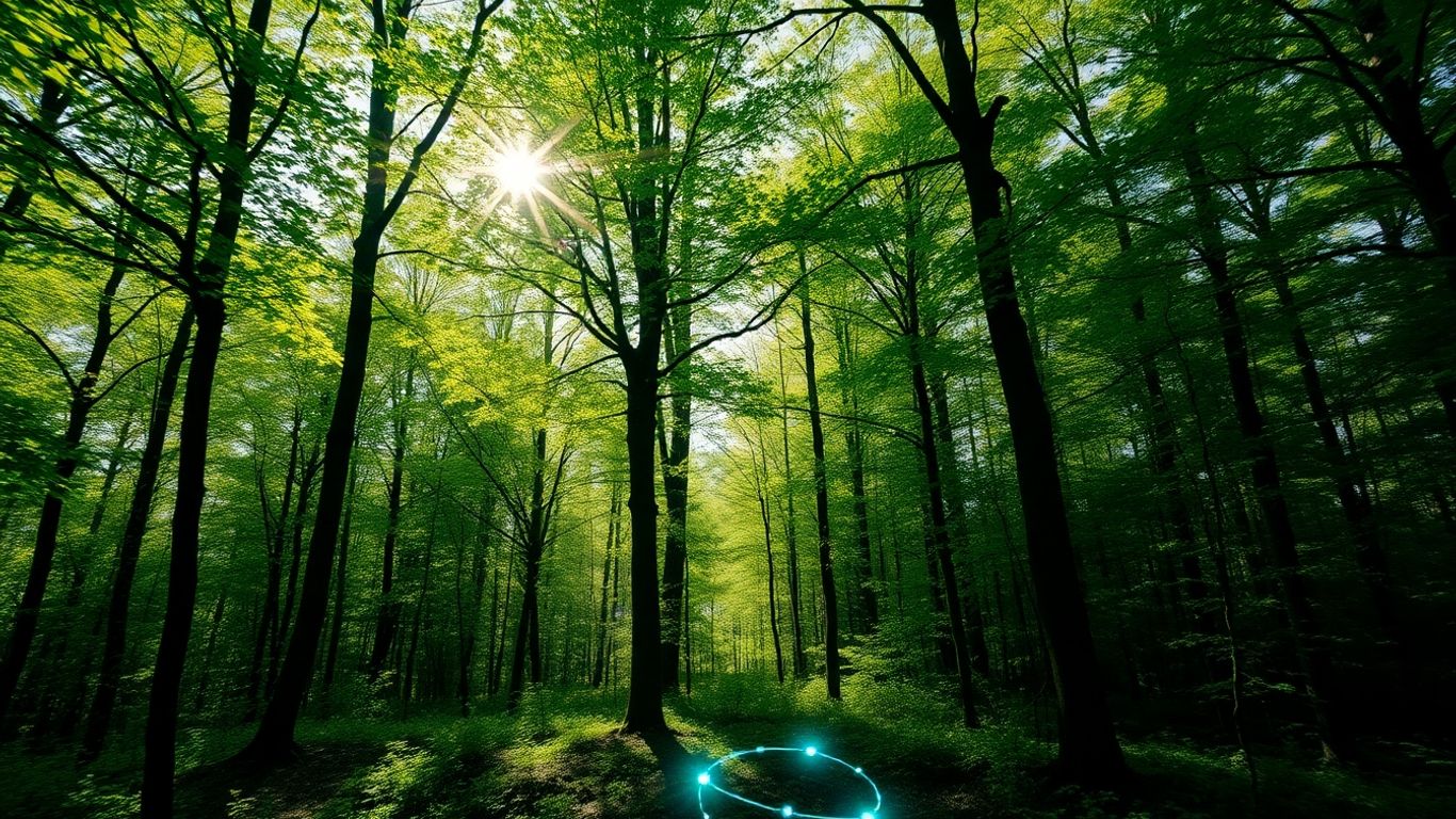 Pădure verde cu lumina soarelui și tehnologie.